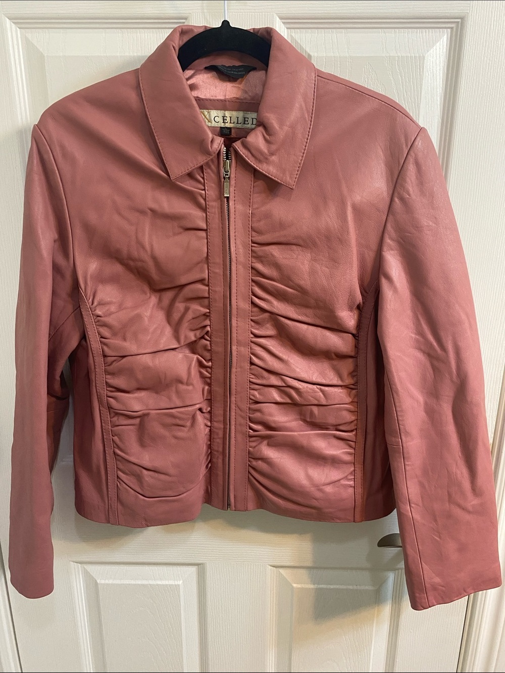 Vintage Excelled Pink Leather Ruched Moto Jacket Y2K Retro Women’s Size Large